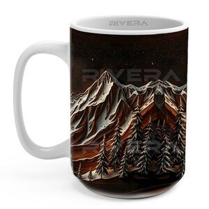 Moon Mountain Snow Trees Mug Printed Wood effect, Coffee Mug Wood Panel, Tea Mug